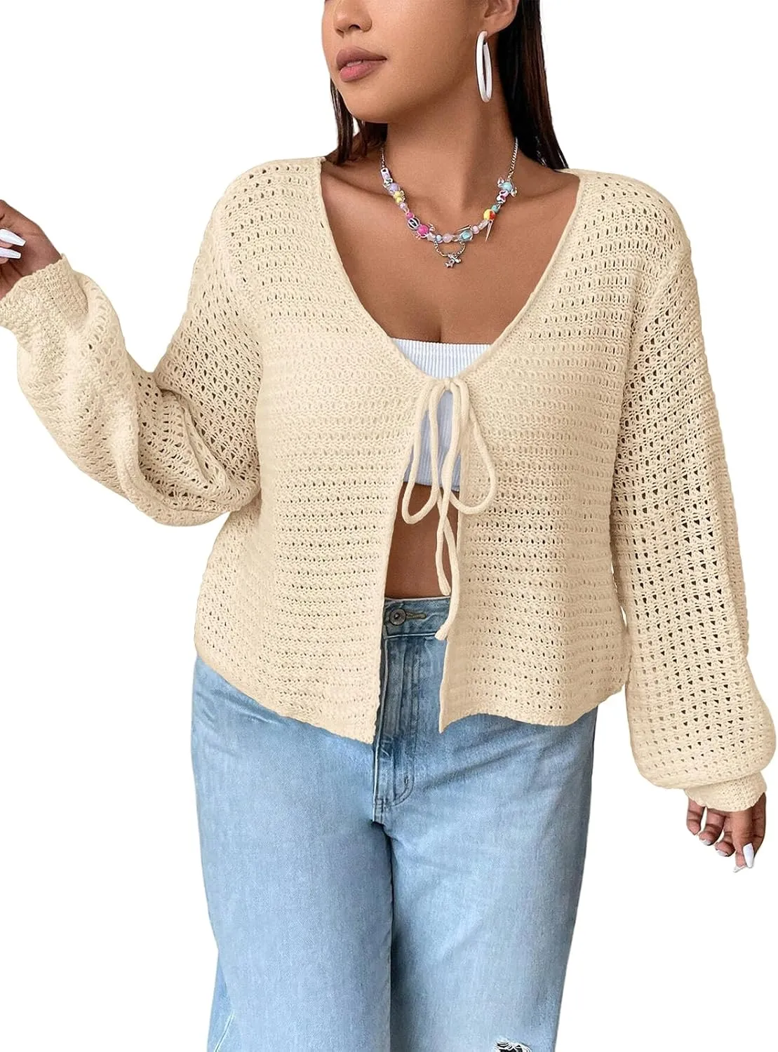 Women's Plus Size Tie Front Cardigan Hollow Out Open Knit Sweater Front Tie Shrug, Acrylic and Rayon Fabric
