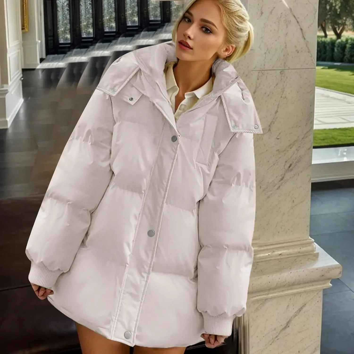 Women's Puffer Jacket Lightweight Quilted Down Jackets Oversized Mid Length Thickened Hoodie Winter Coat with Pockets