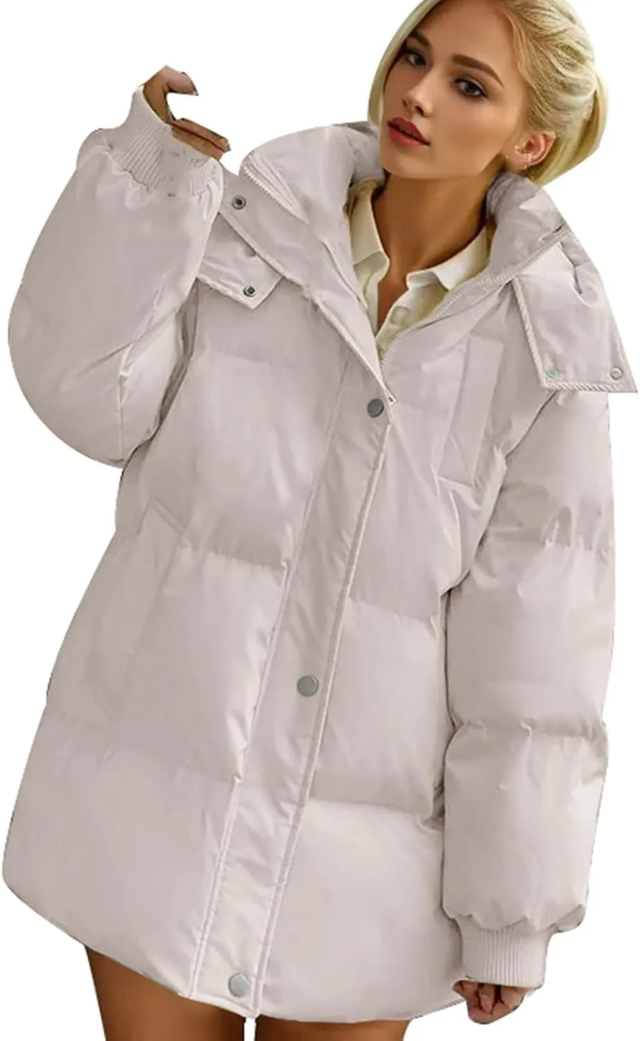 Women's Puffer Jacket Lightweight Quilted Down Jackets Oversized Mid Length Thickened Hoodie Winter Coat with Pockets