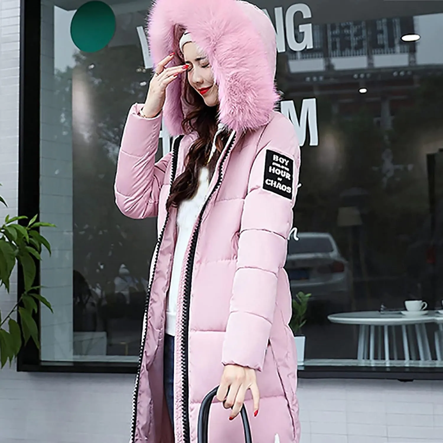 Womens Puffer Jacket Packable Down Coat Button Padded Quilted Outwear With Faux Fur Hood Thicken Fleece Lined Jackets