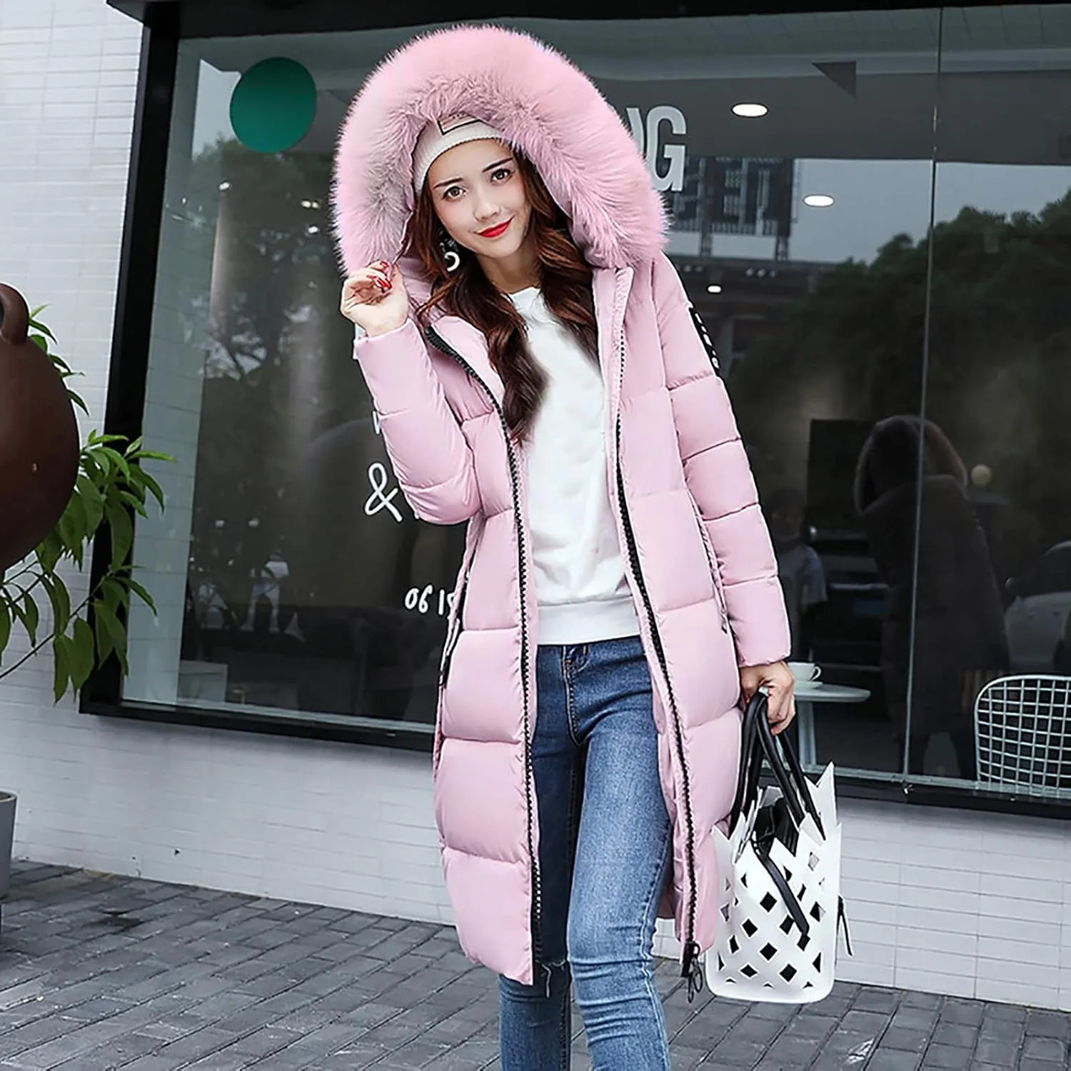 Womens Puffer Jacket Packable Down Coat Button Padded Quilted Outwear With Faux Fur Hood Thicken Fleece Lined Jackets