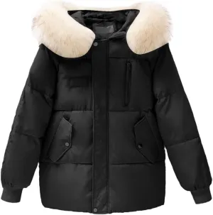 Women's Puffer Jackets Warm Zip Up Thickened Down Jacket Quilted Parkas Faux Fur Hood Casual Outerwear with Pockets