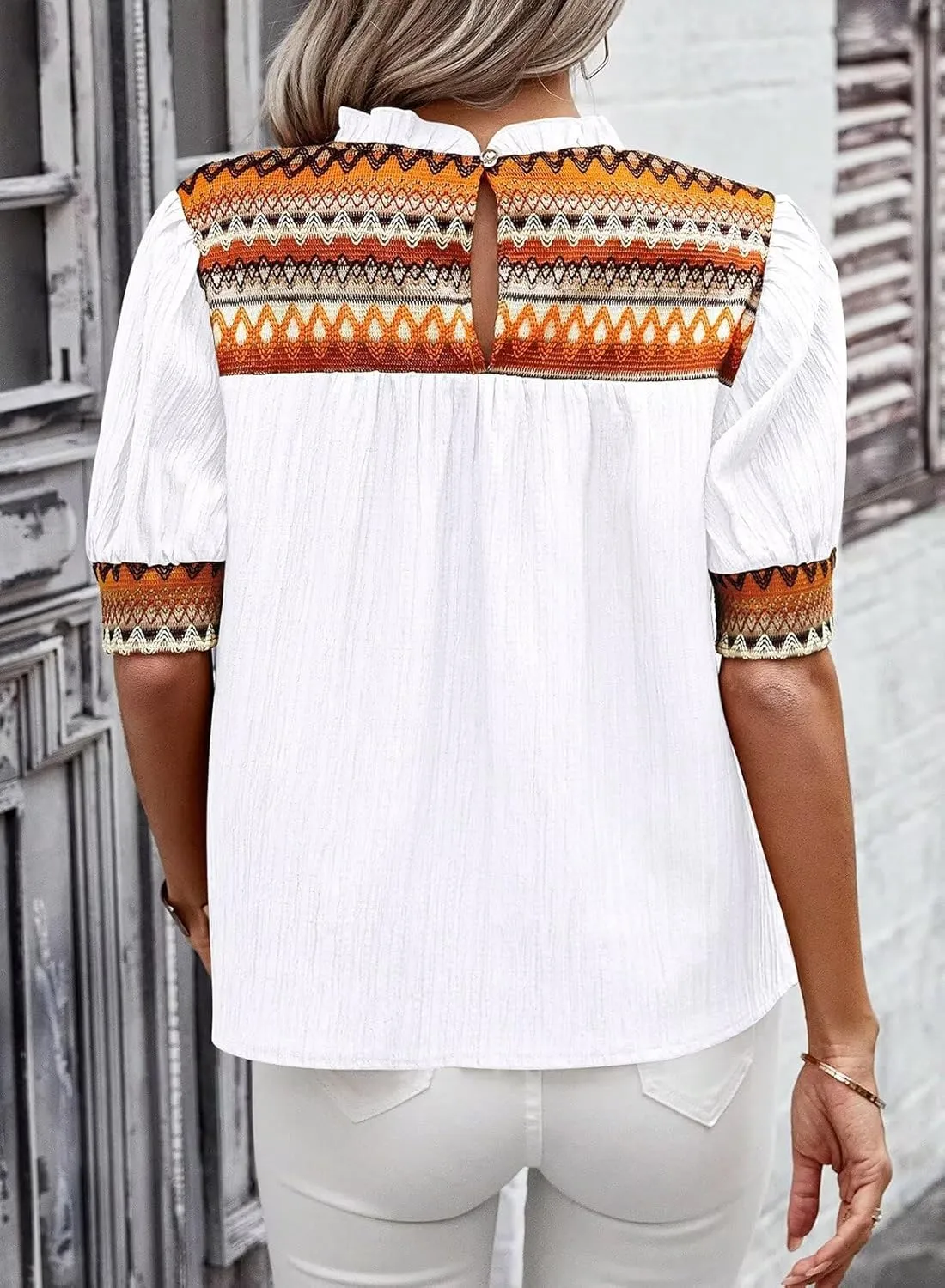 Womens Summer Tops Boho Geometric Crewneck Blouses Casual Short Puff Sleeve Shirts Flowy Crochet Chiffon Frilled Top