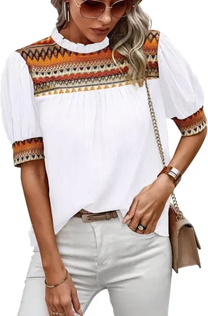 Womens Summer Tops Boho Geometric Crewneck Blouses Casual Short Puff Sleeve Shirts Flowy Crochet Chiffon Frilled Top