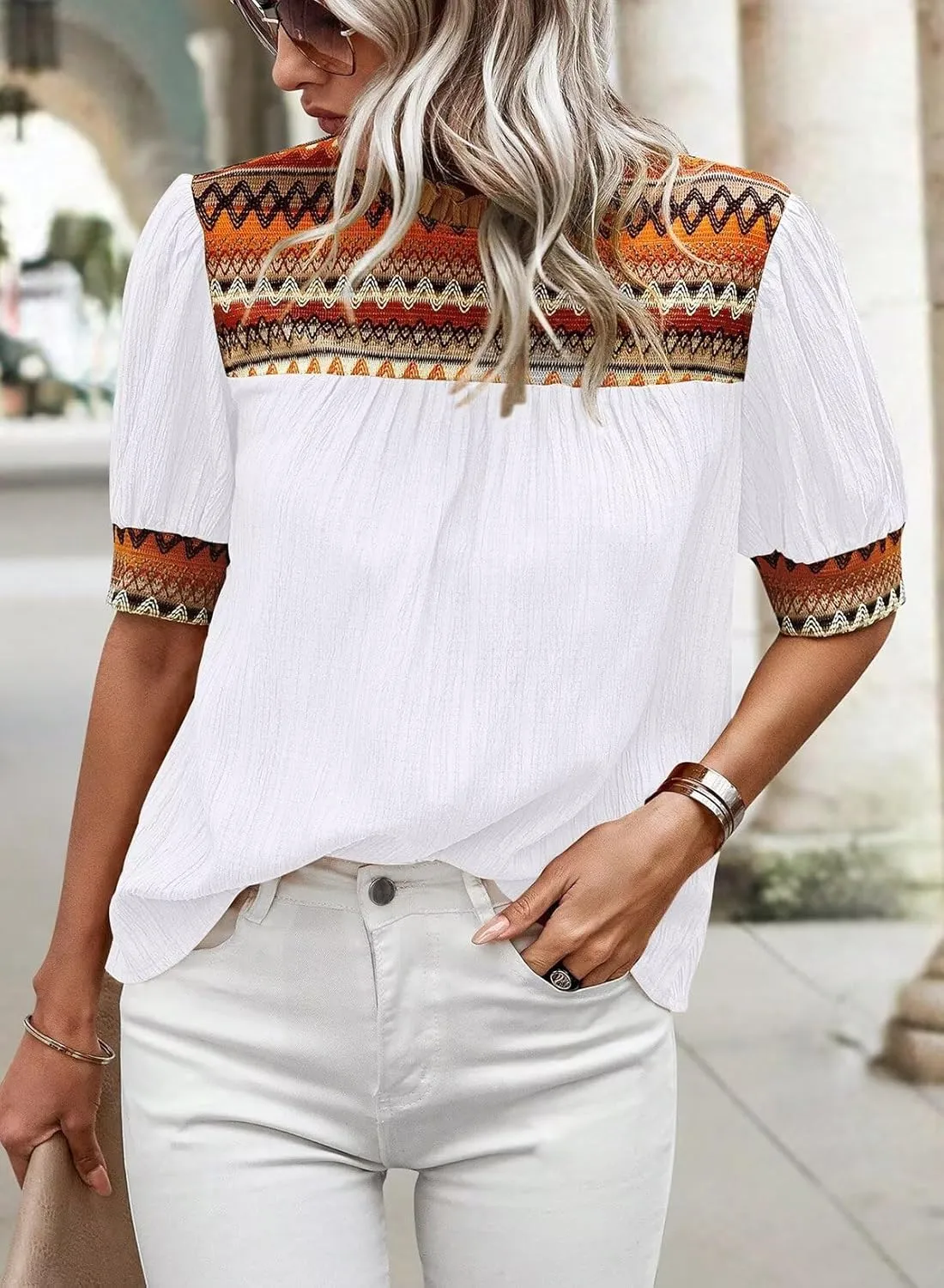 Womens Summer Tops Boho Geometric Crewneck Blouses Casual Short Puff Sleeve Shirts Flowy Crochet Chiffon Frilled Top