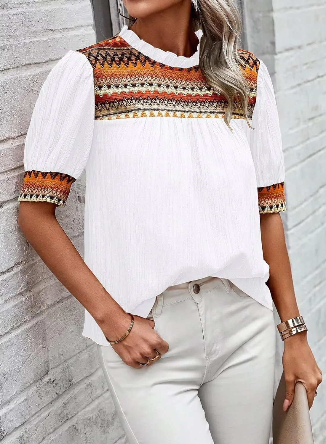 Womens Summer Tops Boho Geometric Crewneck Blouses Casual Short Puff Sleeve Shirts Flowy Crochet Chiffon Frilled Top