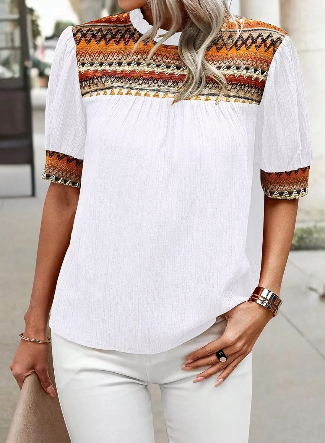 Womens Summer Tops Boho Geometric Crewneck Blouses Casual Short Puff Sleeve Shirts Flowy Crochet Chiffon Frilled Top