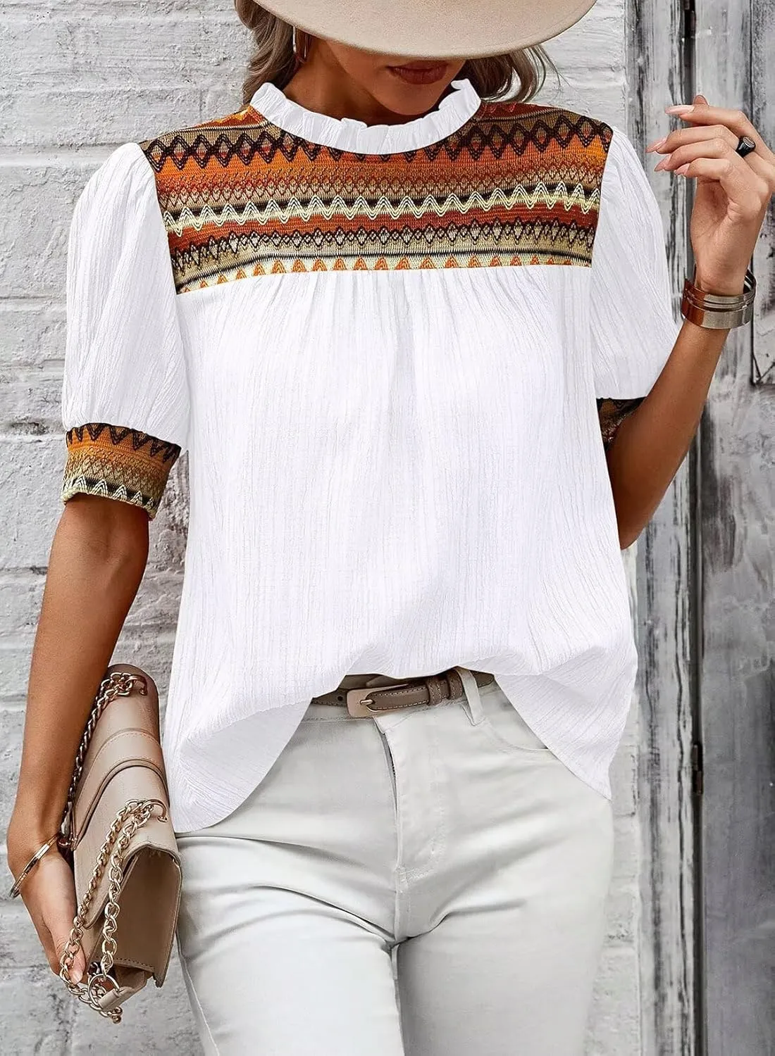Womens Summer Tops Boho Geometric Crewneck Blouses Casual Short Puff Sleeve Shirts Flowy Crochet Chiffon Frilled Top