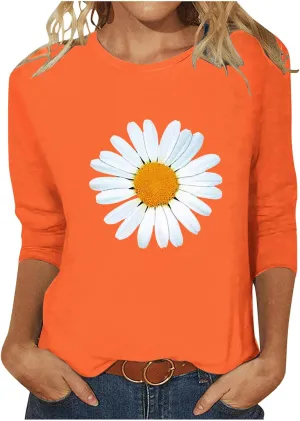 Womens Summer Tops Fashion Daisy Print Daily Shirts 3/4 Sleeve Casual Crew Neck T Shirt Dressy Tunic Blouses