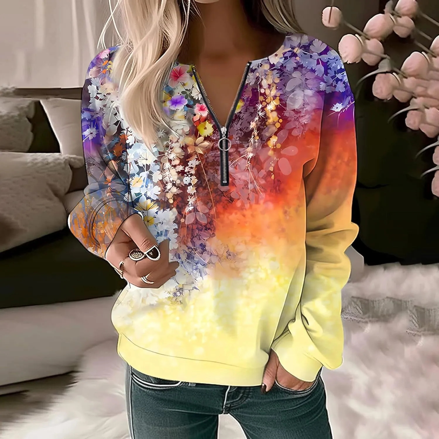 Women's Sweatshirt Pullover 2023 Casual Fall Basic Quarter Zipper Long Sleeve Top Hoodie Loose Fit Shirt