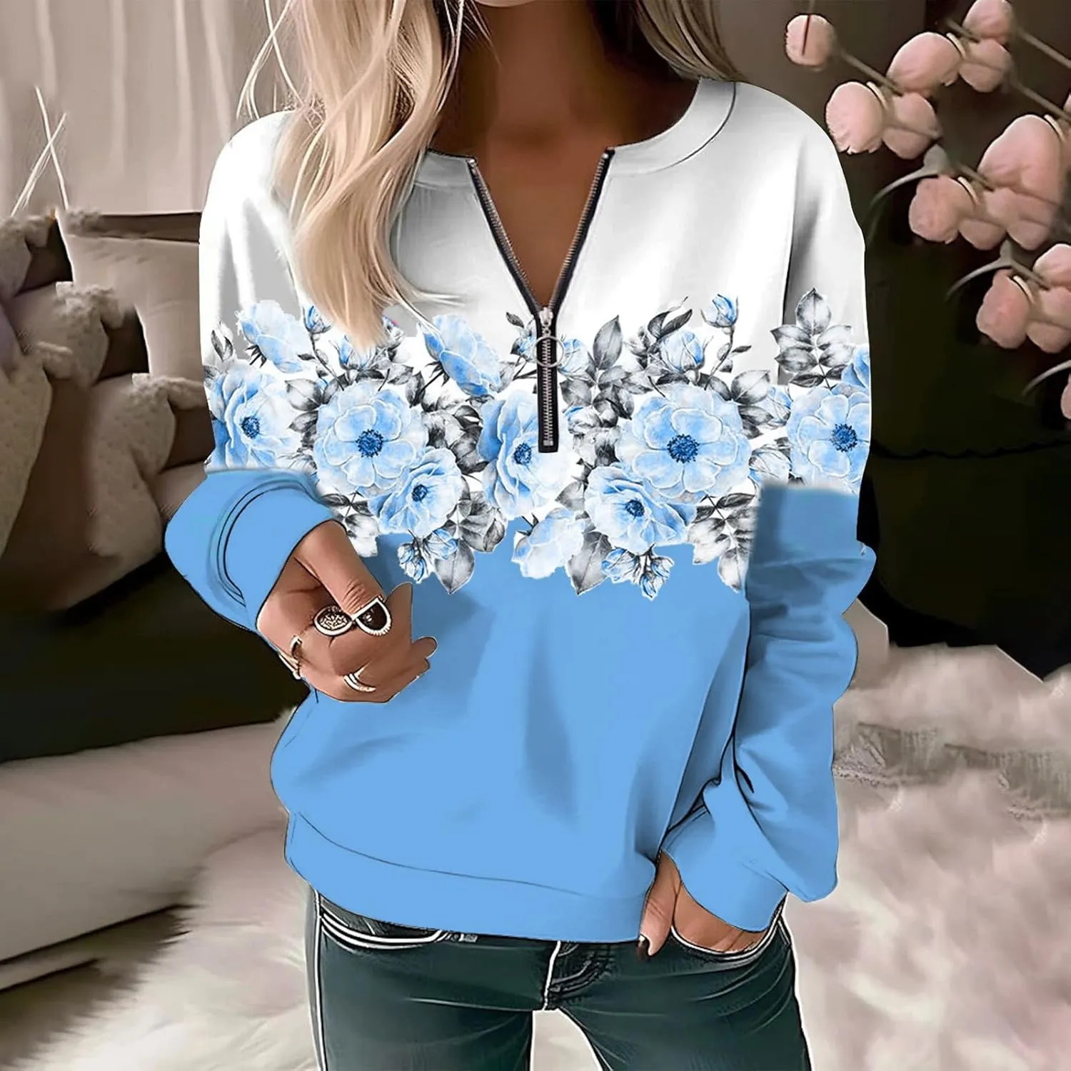 Women's Sweatshirt Pullover 2023 Casual Fall Basic Quarter Zipper Long Sleeve Top Hoodie Loose Fit Shirt