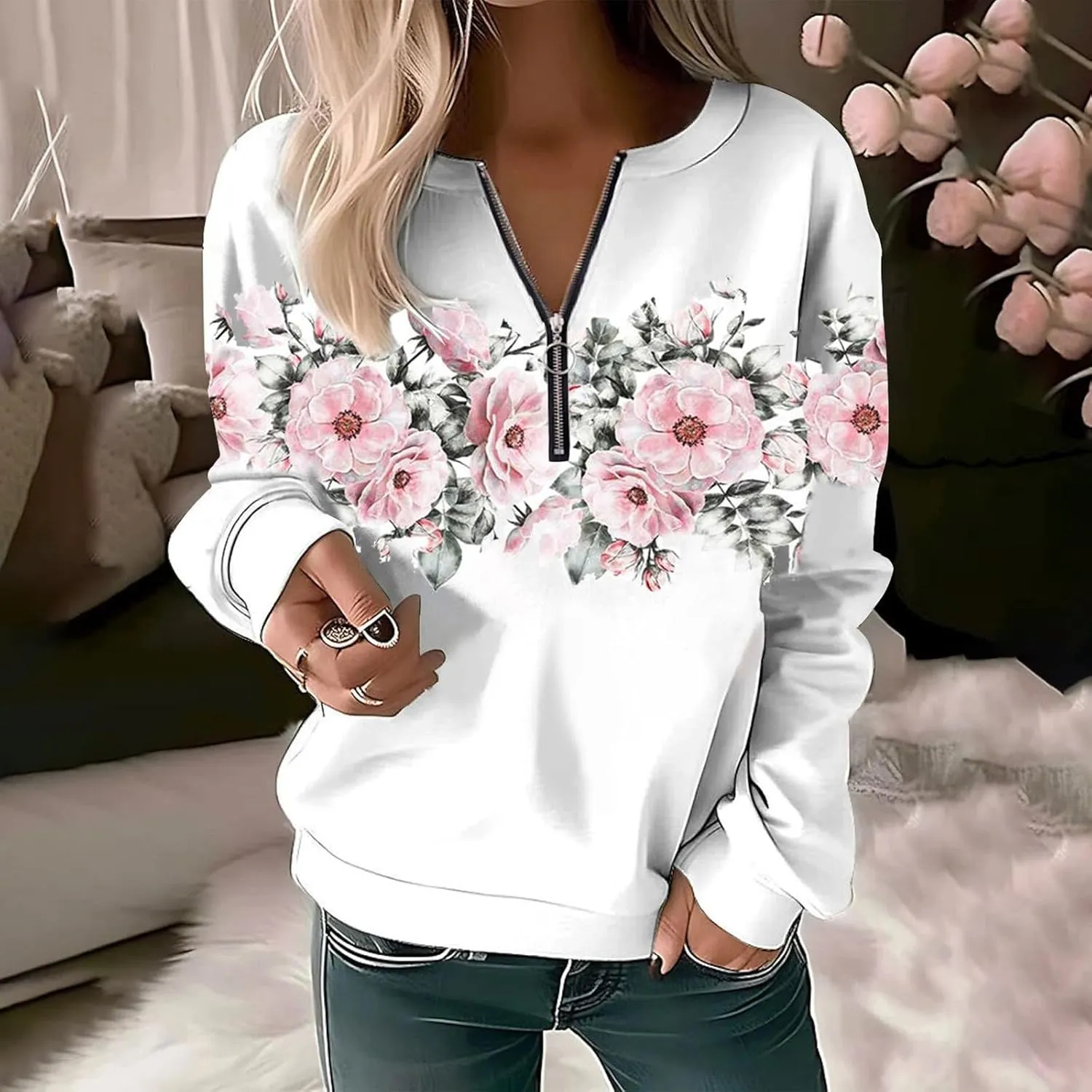 Women's Sweatshirt Pullover 2023 Casual Fall Basic Quarter Zipper Long Sleeve Top Hoodie Loose Fit Shirt