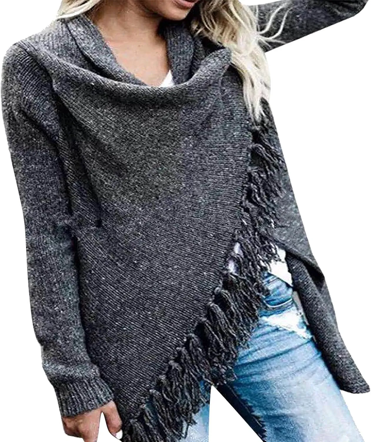 Womens Tassel Hem Sweaters Trendy Wrap Casual Long Sleeve Knitwear Jumpers Cardigan Pullover Poncho Sweater Coat