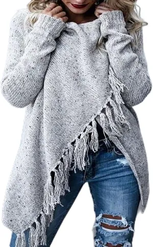 Womens Tassel Hem Sweaters Trendy Wrap Casual Long Sleeve Knitwear Jumpers Cardigan Pullover Poncho Sweater Coat