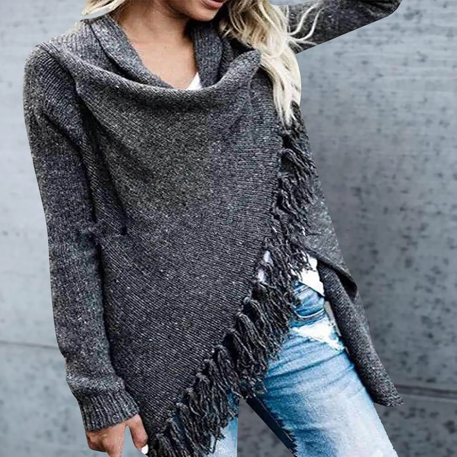 Womens Tassel Hem Sweaters Trendy Wrap Casual Long Sleeve Knitwear Jumpers Cardigan Pullover Poncho Sweater Coat