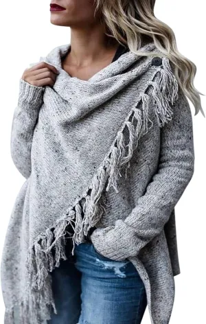 Womens Tassel Hem Sweaters Trendy Wrap Casual Long Sleeve Knitwear Jumpers Cardigan Pullover Poncho Sweater Coat
