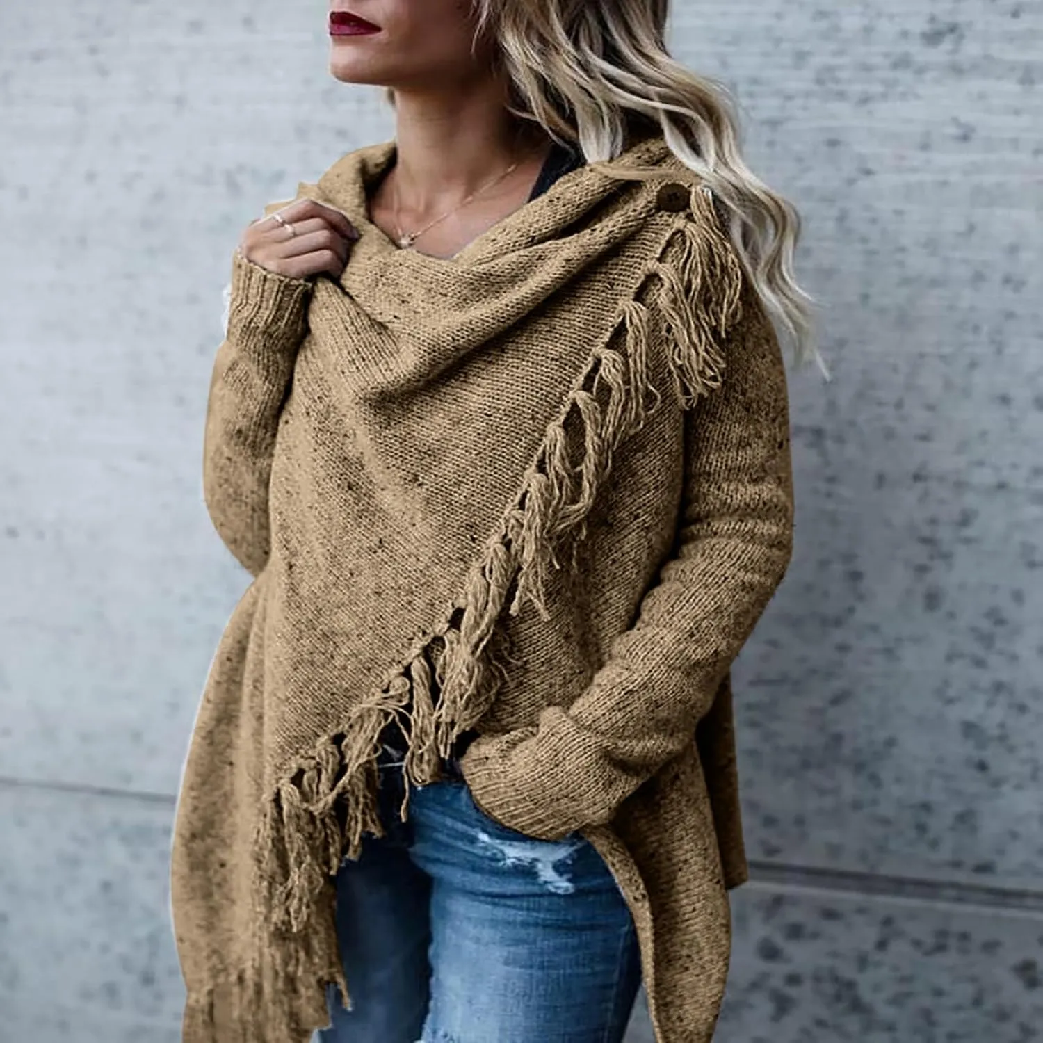 Womens Tassel Hem Sweaters Trendy Wrap Casual Long Sleeve Knitwear Jumpers Cardigan Pullover Poncho Sweater Coat