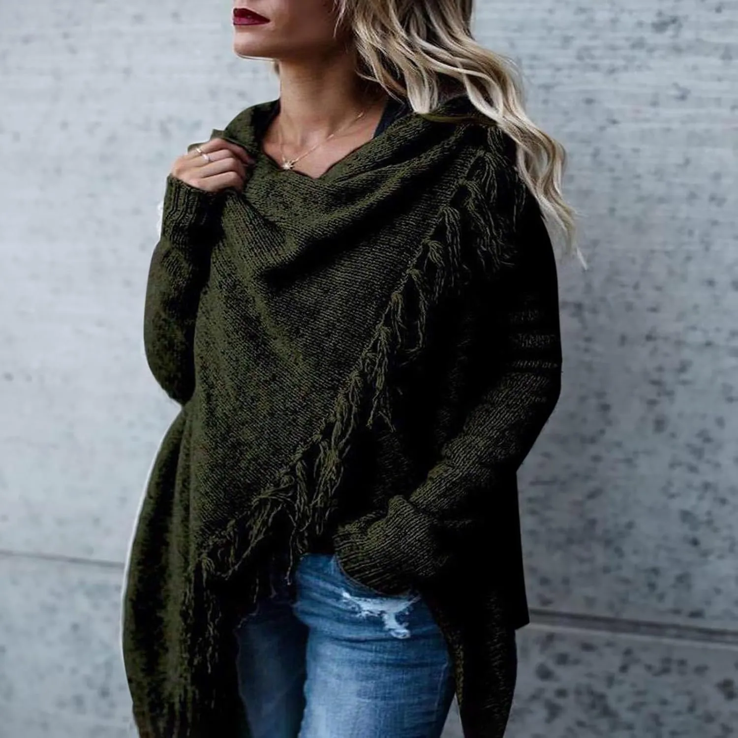 Womens Tassel Hem Sweaters Trendy Wrap Casual Long Sleeve Knitwear Jumpers Cardigan Pullover Poncho Sweater Coat