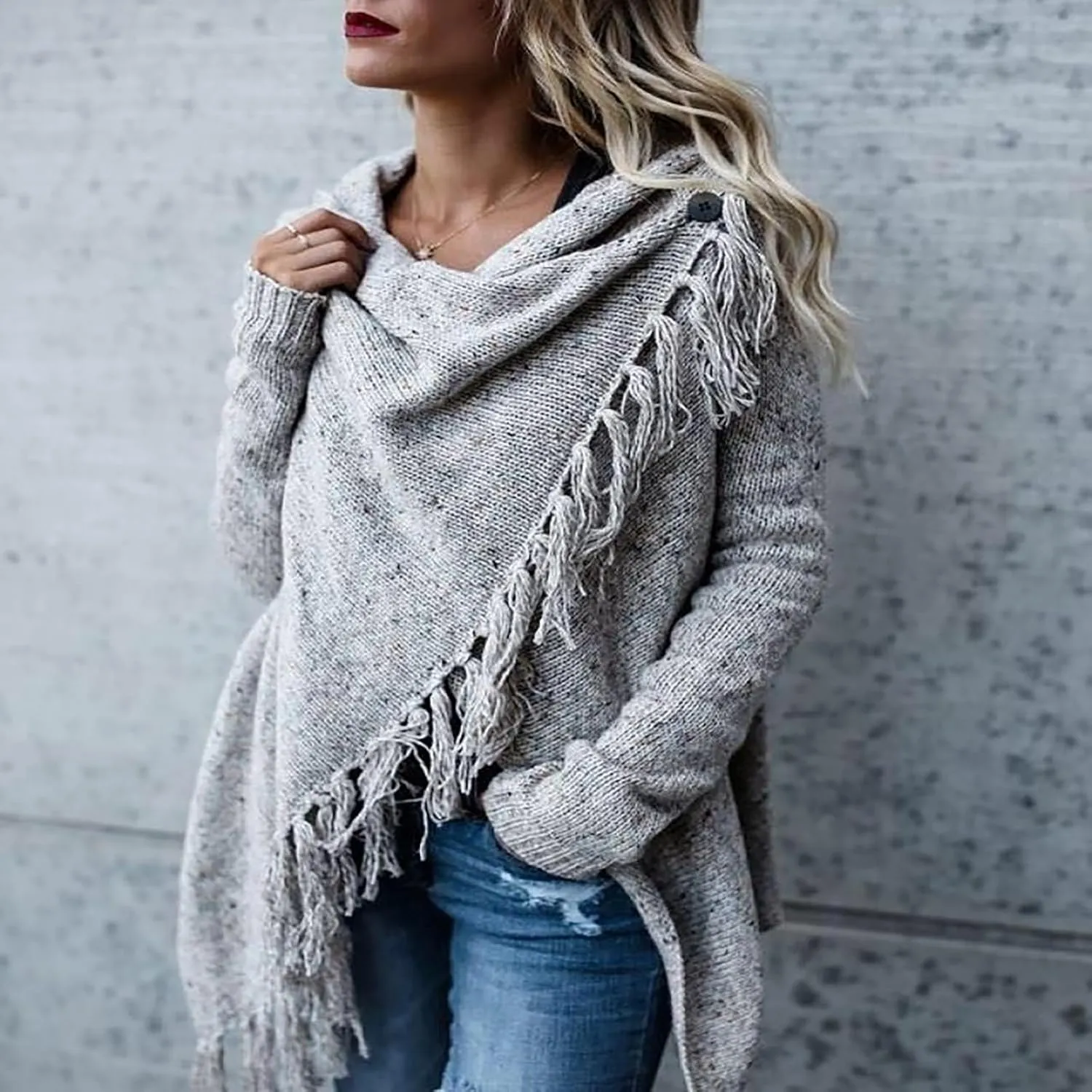 Womens Tassel Hem Sweaters Trendy Wrap Casual Long Sleeve Knitwear Jumpers Cardigan Pullover Poncho Sweater Coat