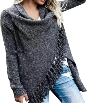 Womens Tassel Hem Sweaters Trendy Wrap Casual Long Sleeve Knitwear Jumpers Cardigan Pullover Poncho Sweater Coat