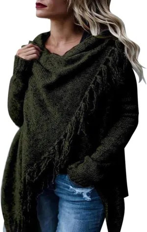 Womens Tassel Hem Sweaters Trendy Wrap Casual Long Sleeve Knitwear Jumpers Cardigan Pullover Poncho Sweater Coat