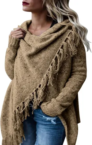 Womens Tassel Hem Sweaters Trendy Wrap Casual Long Sleeve Knitwear Jumpers Cardigan Pullover Poncho Sweater Coat