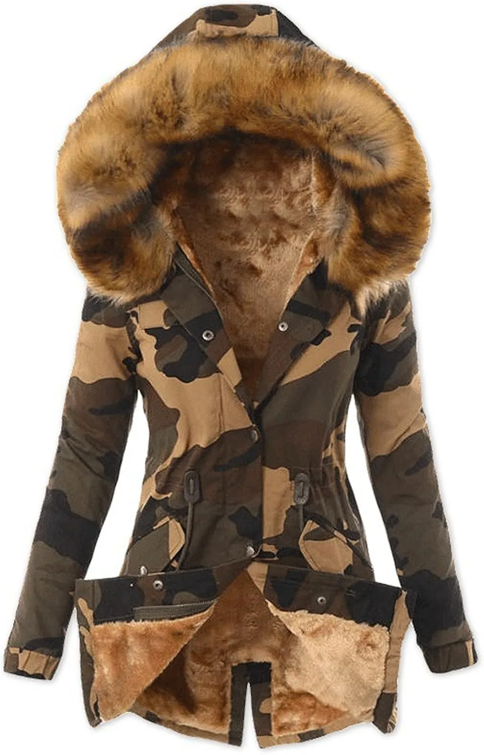 Women's Thicken Fleece Lined Parka Faux Fur Collar Camouflage Winter Coat Hooded Long Jacket Military Anorak Pocket
