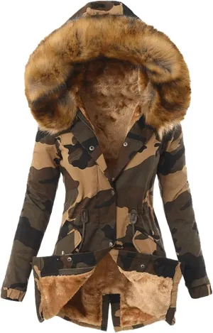 Women's Thicken Fleece Lined Parka Faux Fur Collar Camouflage Winter Coat Hooded Long Jacket Military Anorak Pocket