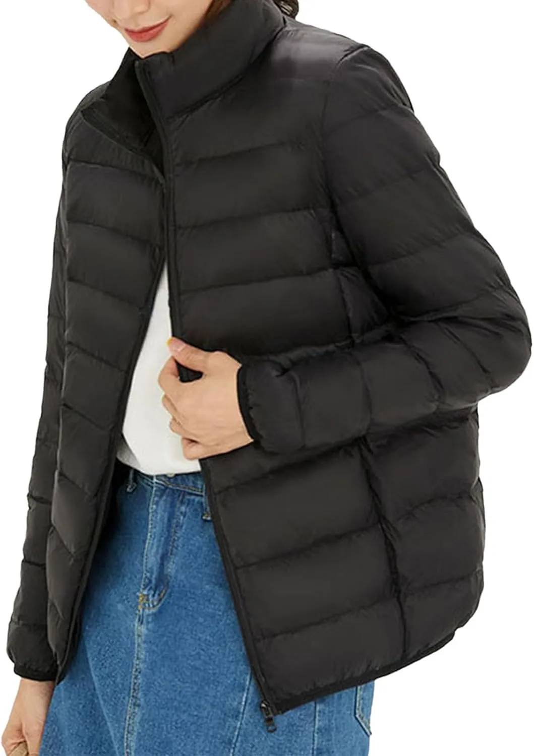 Women's Winter Casual Quilted Jackets Faux Fur Removable Hood Winter Jacket Parka Full Zip Black Padded Coats