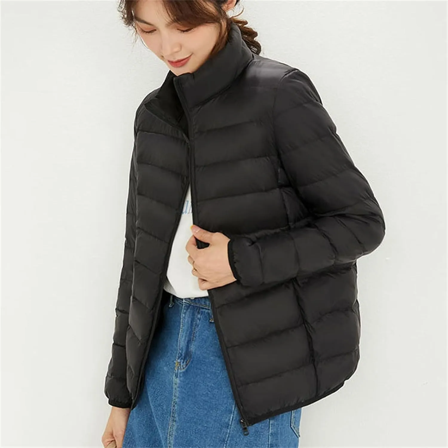 Women's Winter Casual Quilted Jackets Faux Fur Removable Hood Winter Jacket Parka Full Zip Black Padded Coats