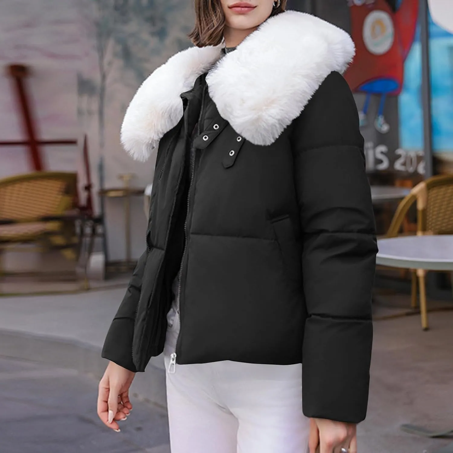 Womens Winter Cropped Puffer Jacket Long Sleeve Oversized Zip Up Short Down Coat with Faux Fur Hood