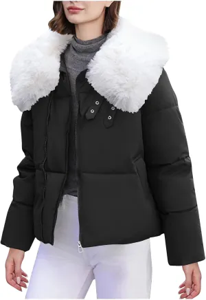 Womens Winter Cropped Puffer Jacket Long Sleeve Oversized Zip Up Short Down Coat with Faux Fur Hood