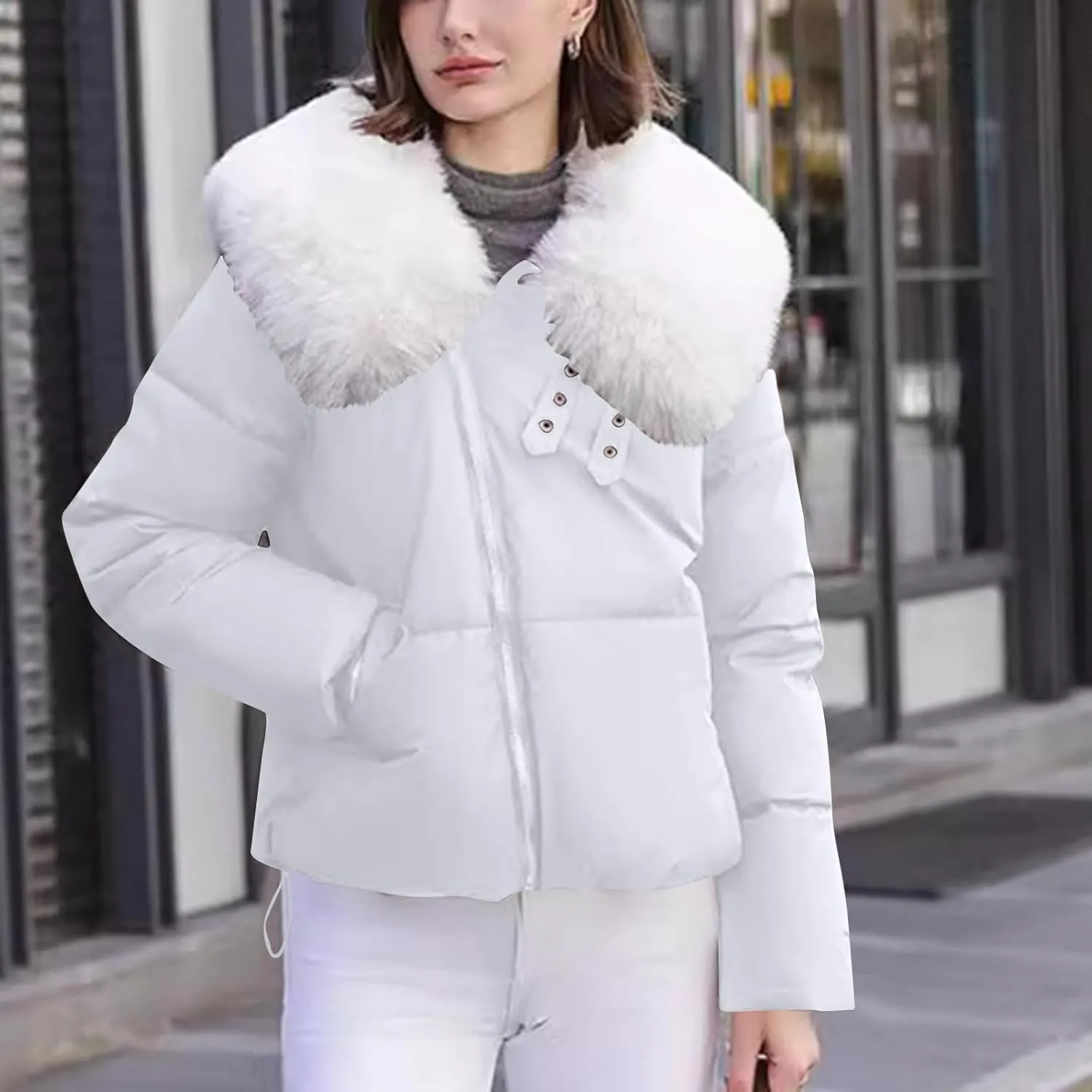 Womens Winter Cropped Puffer Jacket Long Sleeve Oversized Zip Up Short Down Coat with Faux Fur Hood