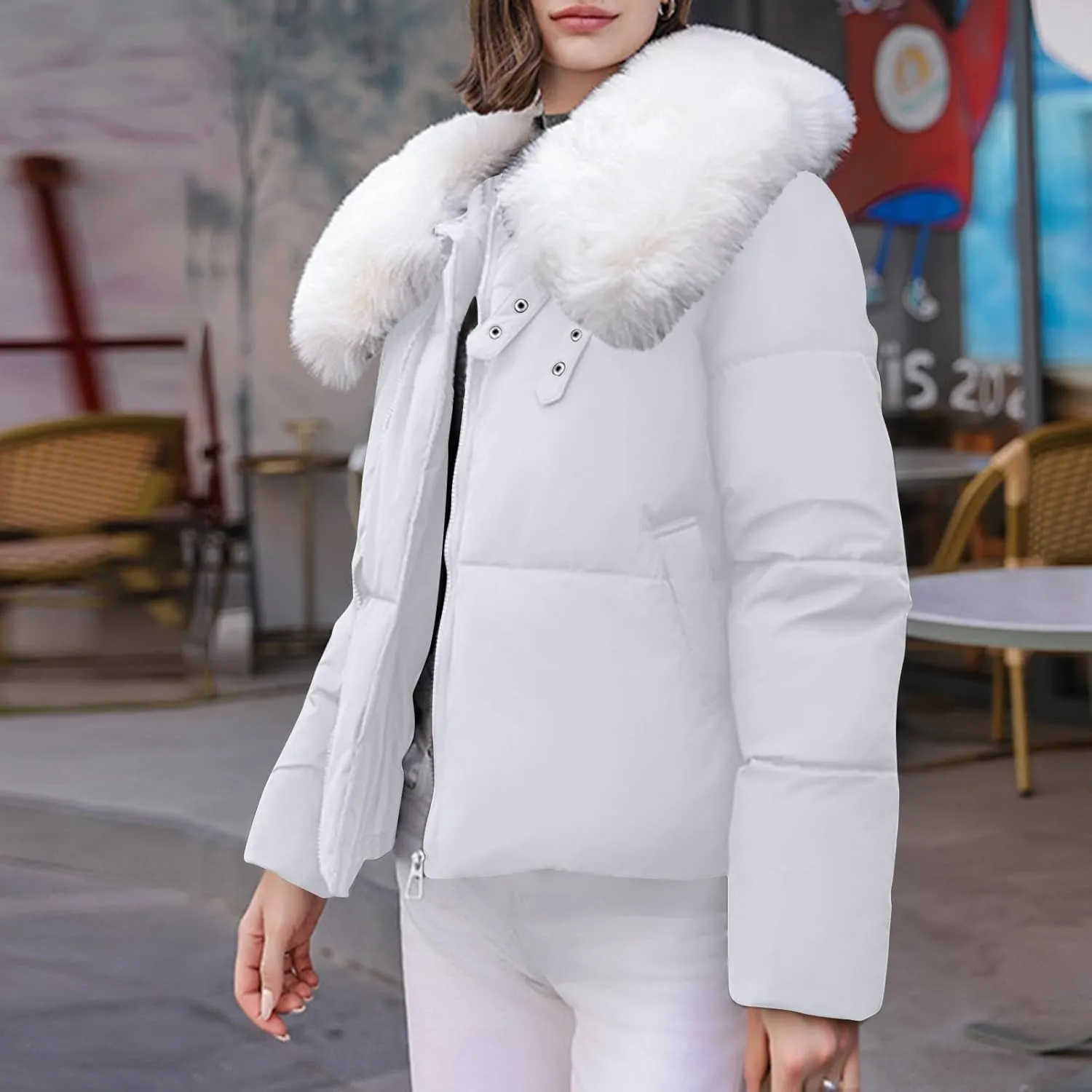Womens Winter Cropped Puffer Jacket Long Sleeve Oversized Zip Up Short Down Coat with Faux Fur Hood