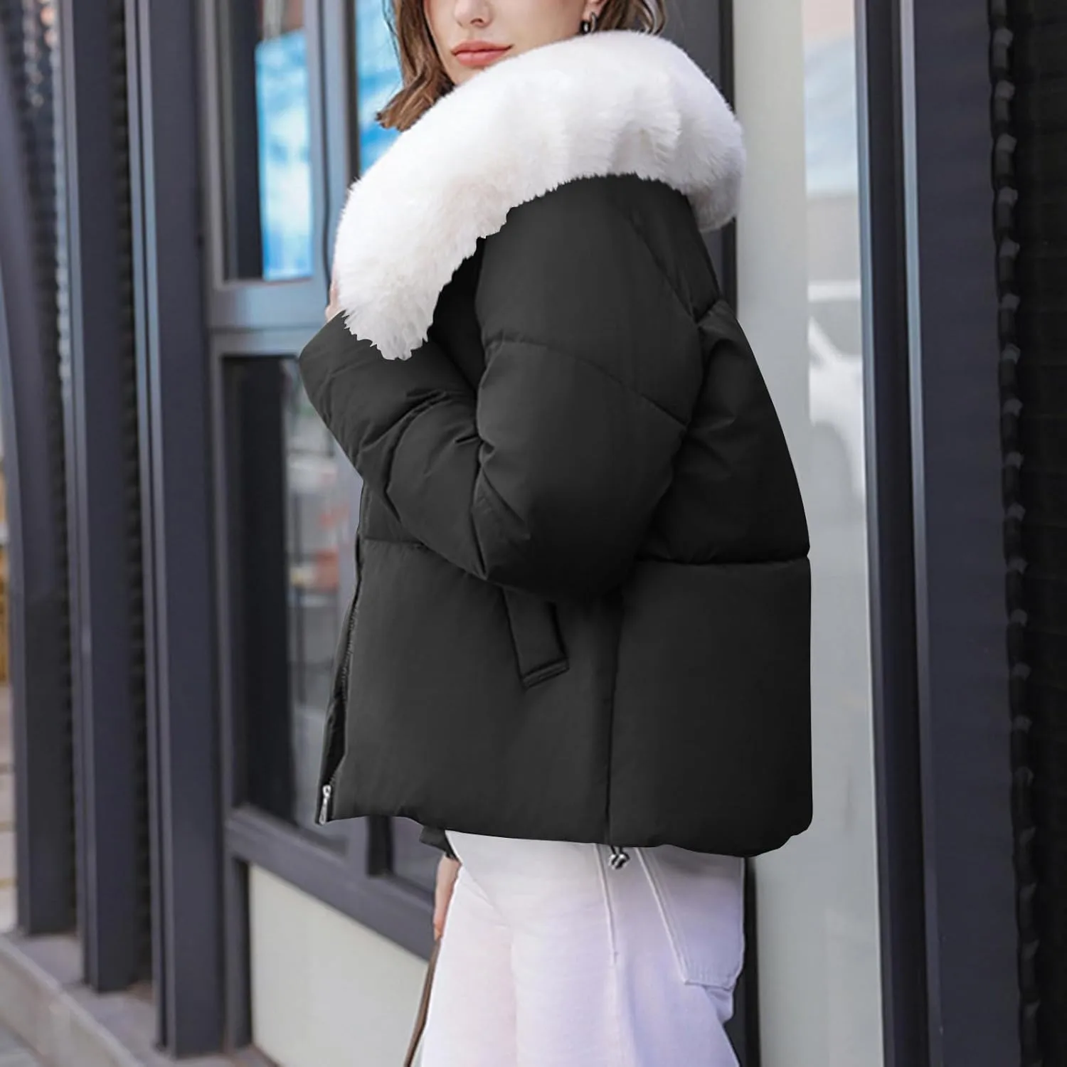 Womens Winter Cropped Puffer Jacket Long Sleeve Oversized Zip Up Short Down Coat with Faux Fur Hood