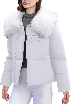 Womens Winter Cropped Puffer Jacket Long Sleeve Oversized Zip Up Short Down Coat with Faux Fur Hood