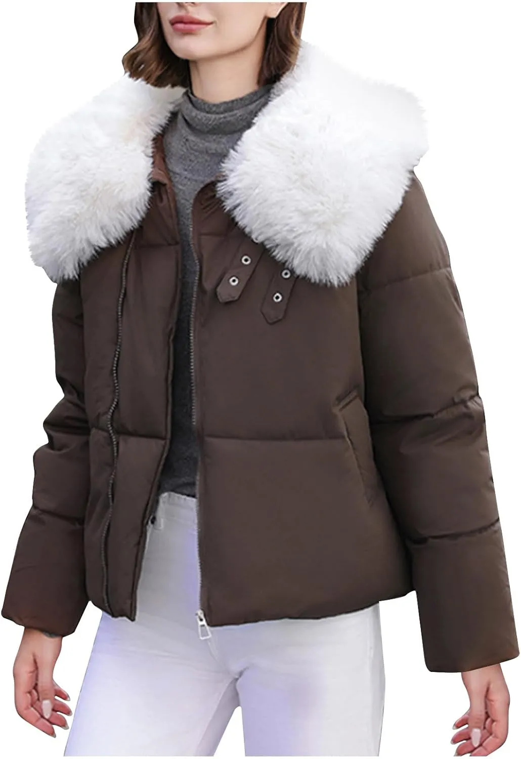Womens Winter Cropped Puffer Jacket Long Sleeve Oversized Zip Up Short Down Coat with Faux Fur Hood