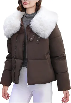 Womens Winter Cropped Puffer Jacket Long Sleeve Oversized Zip Up Short Down Coat with Faux Fur Hood