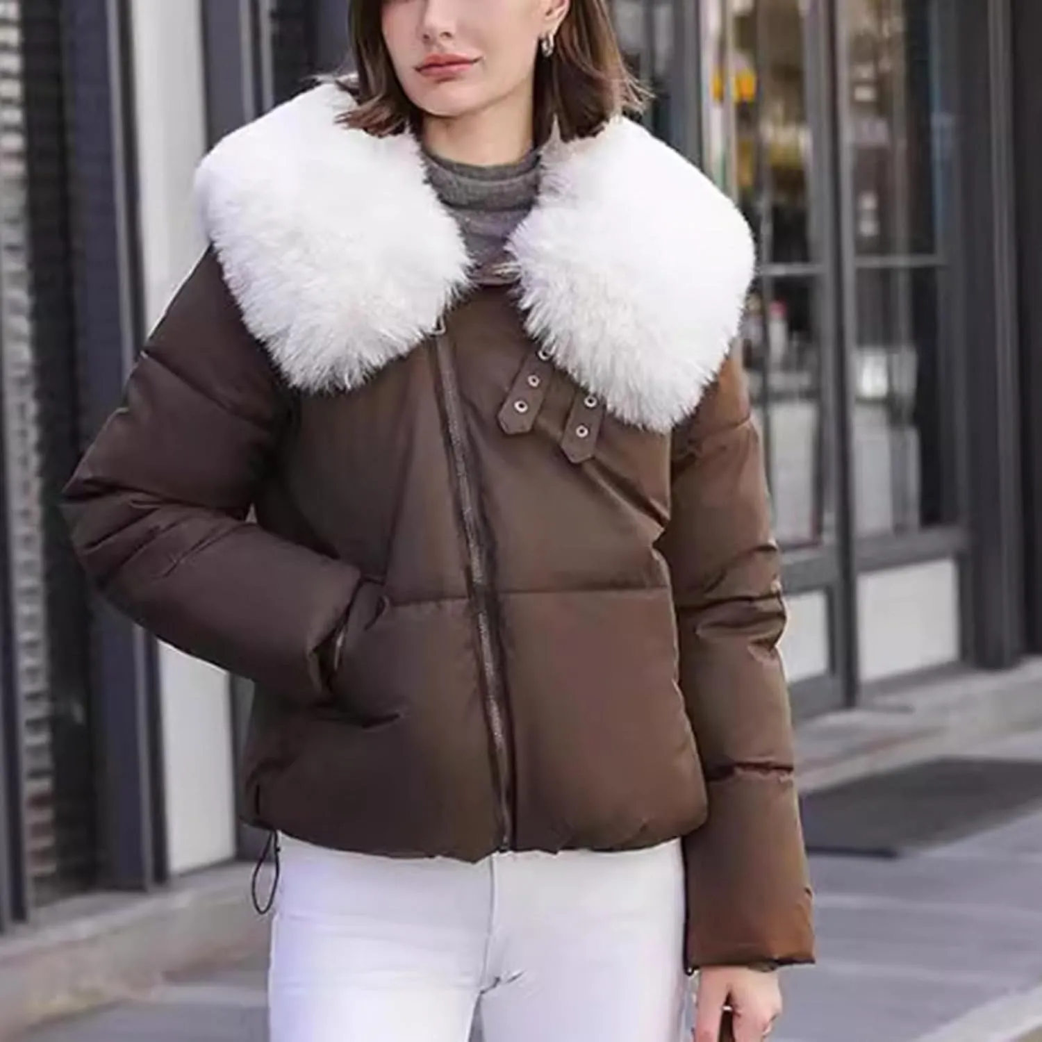 Womens Winter Cropped Puffer Jacket Long Sleeve Oversized Zip Up Short Down Coat with Faux Fur Hood