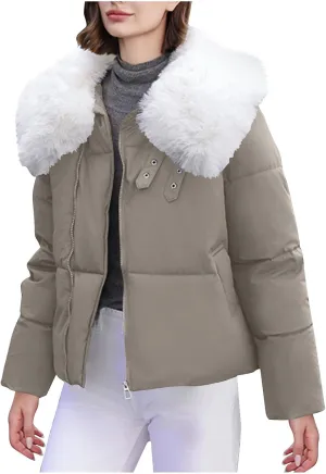 Womens Winter Cropped Puffer Jacket Long Sleeve Oversized Zip Up Short Down Coat with Faux Fur Hood