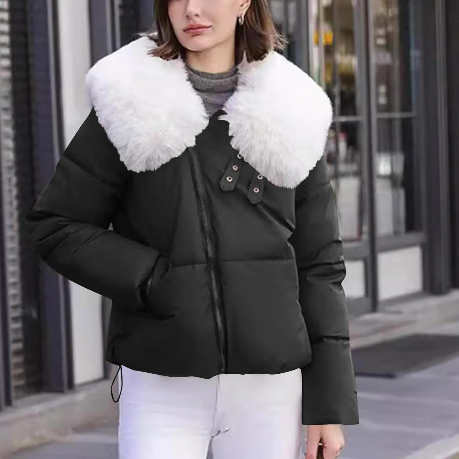 Womens Winter Cropped Puffer Jacket Long Sleeve Oversized Zip Up Short Down Coat with Faux Fur Hood
