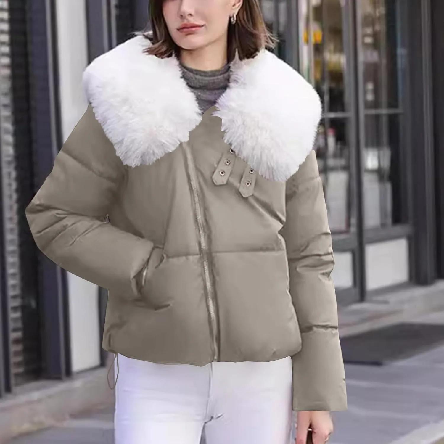Womens Winter Cropped Puffer Jacket Long Sleeve Oversized Zip Up Short Down Coat with Faux Fur Hood