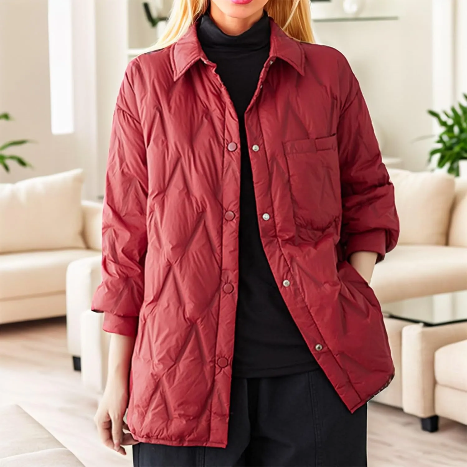Women's Winter Quilted Jackets Casual Lightweight Puffer Jacket Button Casual Outerwear Down Winter Coat with Pockets