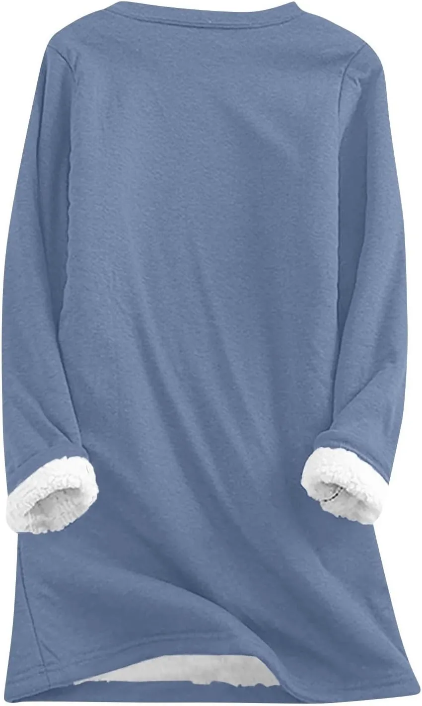 Women's Winter Soft Warm Sherpa Lined Fleece Pullover Crewneck Sweatshirt Pullover Loungewear Tunic Tops