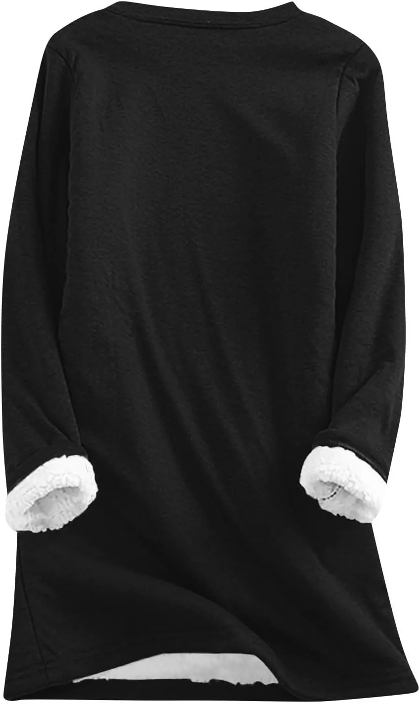 Women's Winter Soft Warm Sherpa Lined Fleece Pullover Crewneck Sweatshirt Pullover Loungewear Tunic Tops