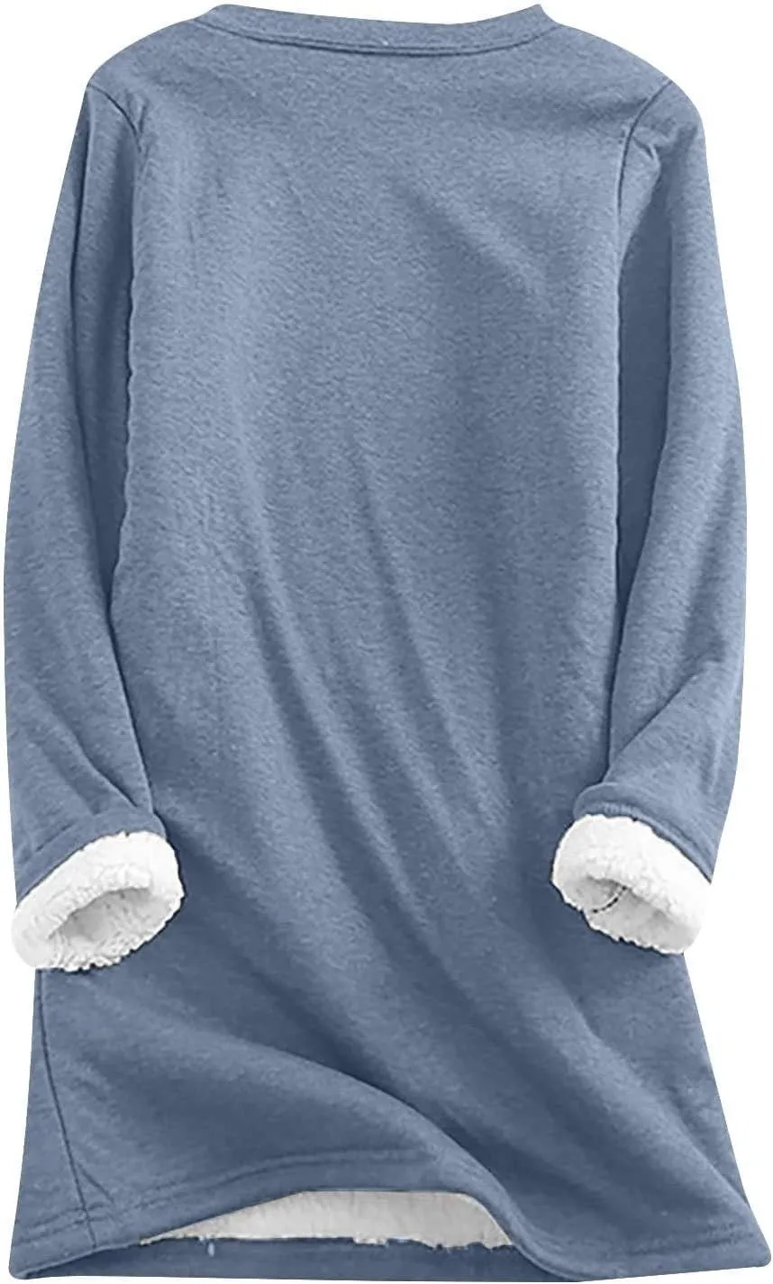 Women's Winter Soft Warm Sherpa Lined Fleece Pullover Crewneck Sweatshirt Pullover Loungewear Tunic Tops