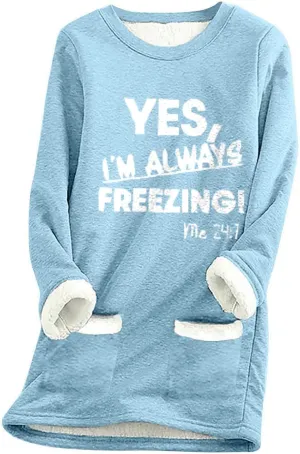Women's Winter Soft Warm Sherpa Lined Fleece Pullover Crewneck Sweatshirt Pullover Loungewear Tunic Tops