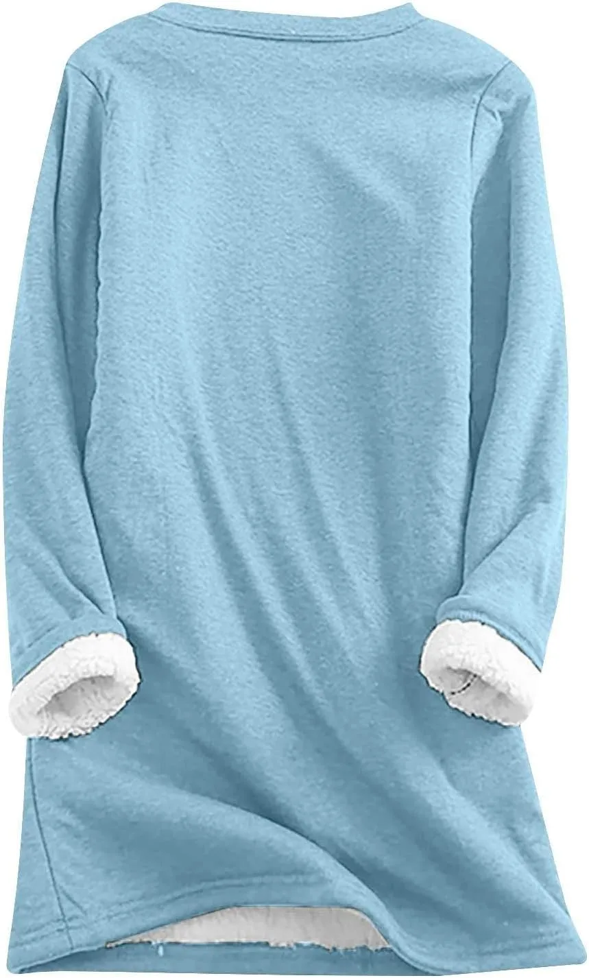 Women's Winter Soft Warm Sherpa Lined Fleece Pullover Crewneck Sweatshirt Pullover Loungewear Tunic Tops