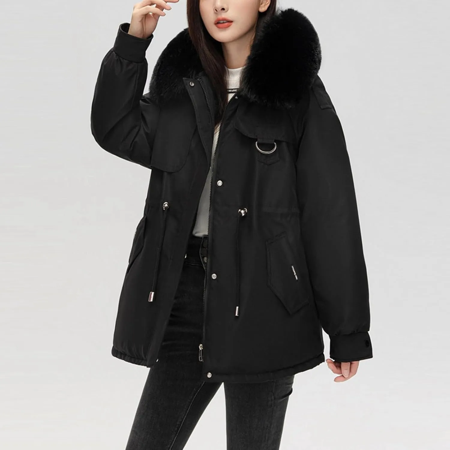 Women's Winter Thicken Puffer Coat Casual Warm Fleece Lined Down Jacket Faux Fur Hood Military Jacket Parka Travel