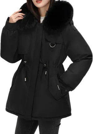 Women's Winter Thicken Puffer Coat Casual Warm Fleece Lined Down Jacket Faux Fur Hood Military Jacket Parka Travel